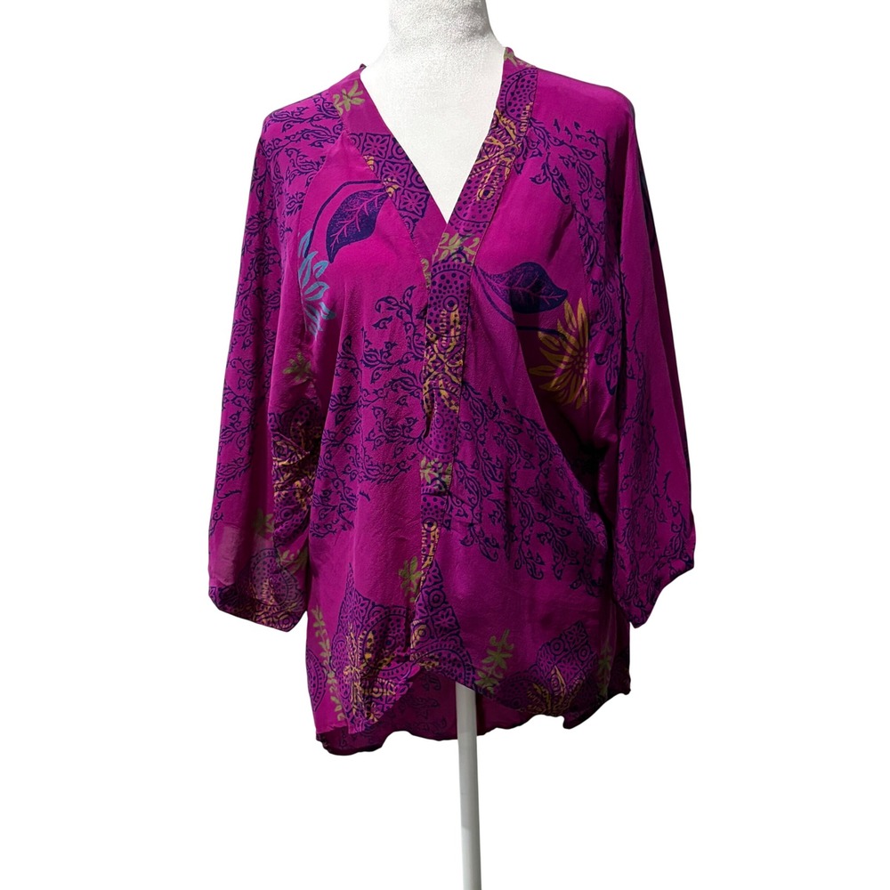 Indie Ella Silk Saree Kimono Top Womens One Size Purple Recycled High-Low Flowy